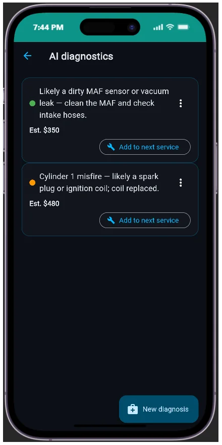 AutoBrain AI diagnostics screen showing causes, severity, parts and cost estimate for a fault code