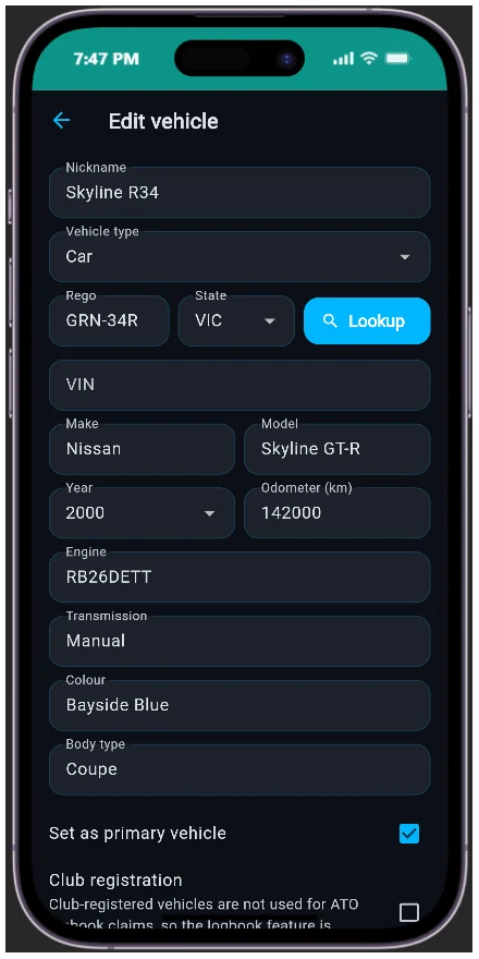Editing a vehicle profile in AutoBrain with details such as make, model, year and registration