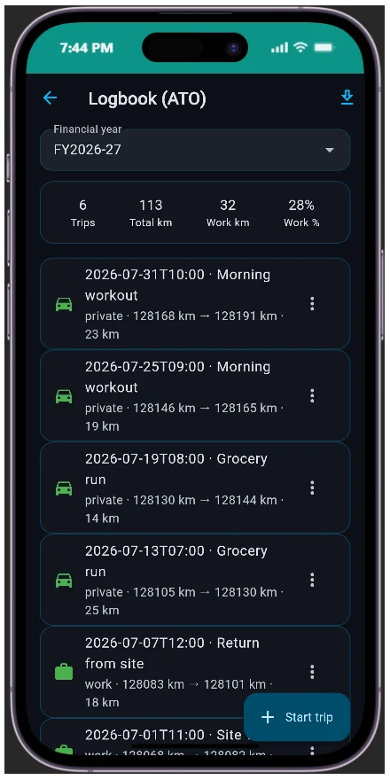 AutoBrain logbook with manual and GPS-tracked trips and financial-year export
