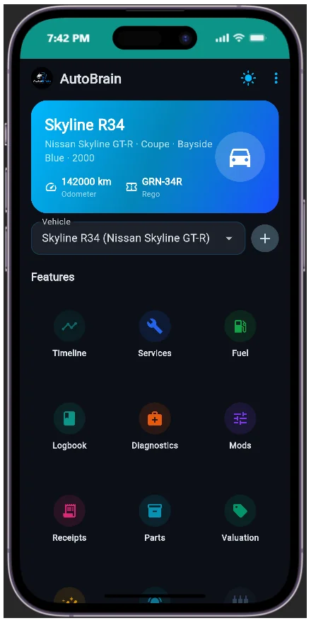 AutoBrain app main menu with sections for timeline, fuel, diagnostics, receipts, parts, mods, logbook, valuation and analytics