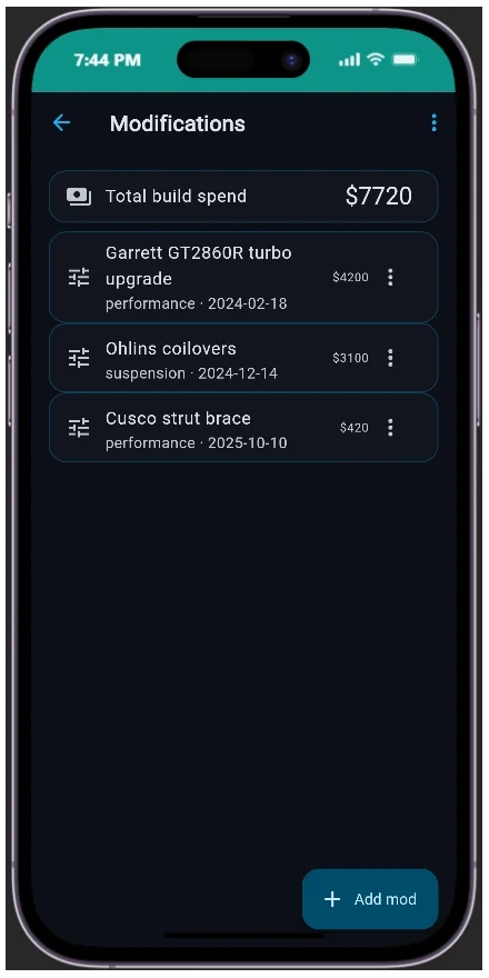 AutoBrain modifications screen logging each mod with photos, cost and AI impact estimates