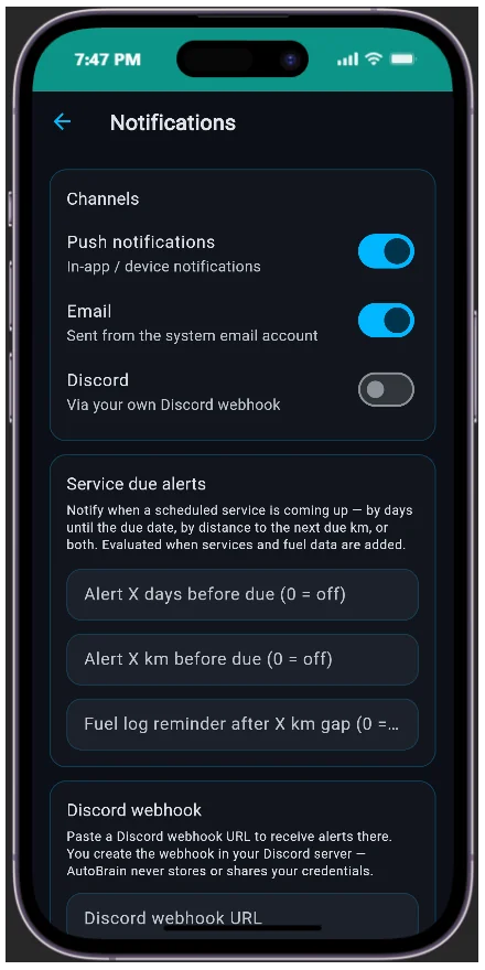 AutoBrain notifications for upcoming services, rego expiry and predicted maintenance