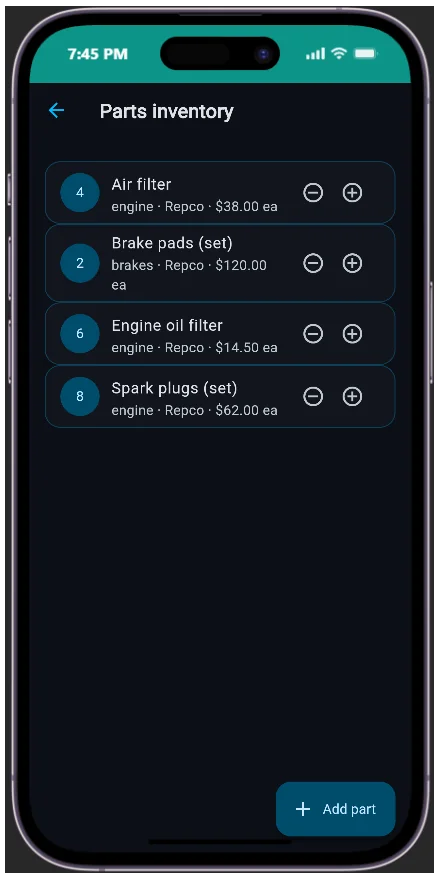 AutoBrain parts inventory with quantities, usage tracking and AI reorder suggestions