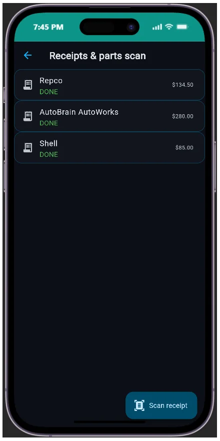 AutoBrain receipt scanner extracting parts, labour, cost and warranty from an invoice photo