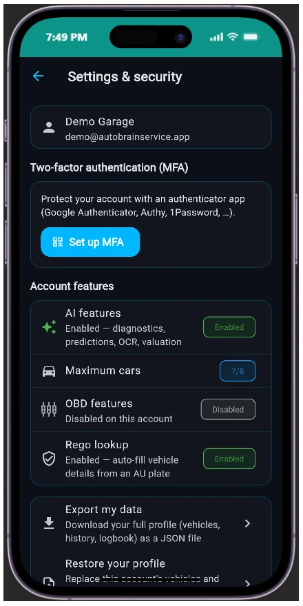 AutoBrain settings screen with multi-factor authentication, AI router and profile export options