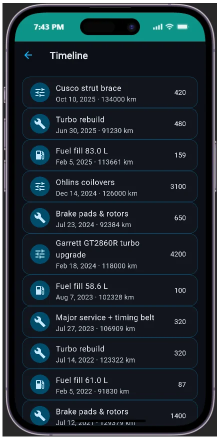 AutoBrain vehicle timeline showing services, fuel, parts and modifications in chronological order