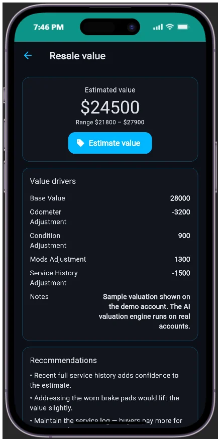 AutoBrain resale value estimator showing a value range, trend and recommendations